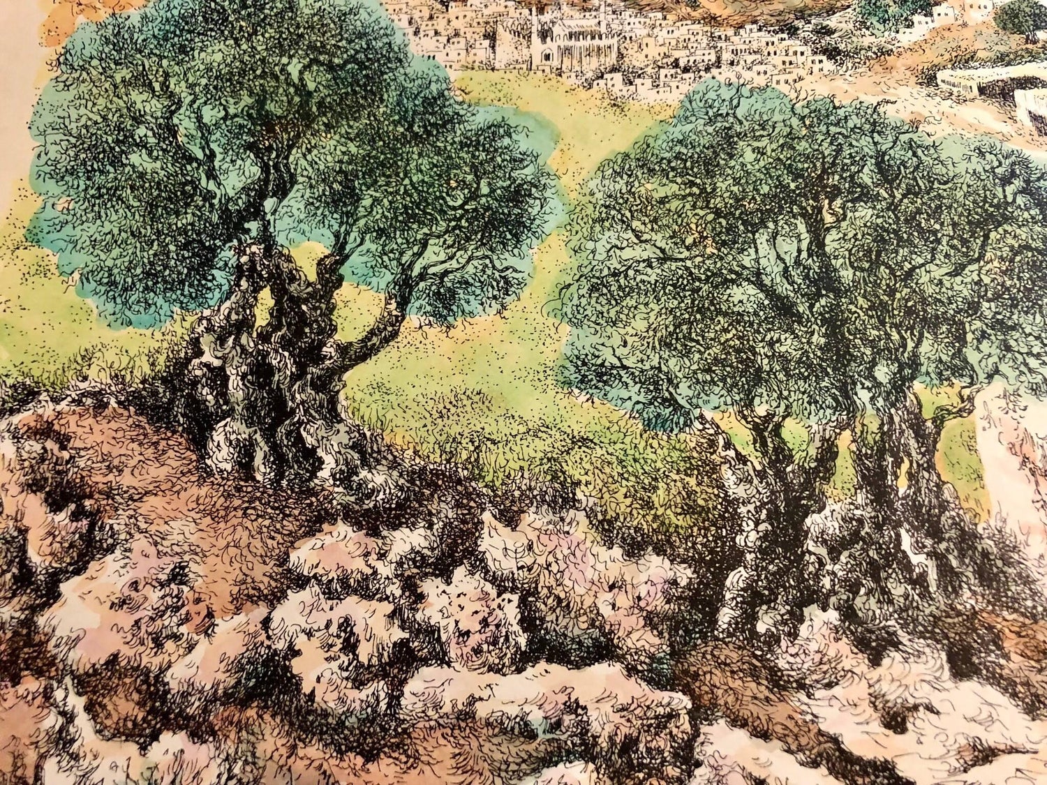 Hebron, 1967 Israeli Judaica Mixed Media Print Watercolor Painting