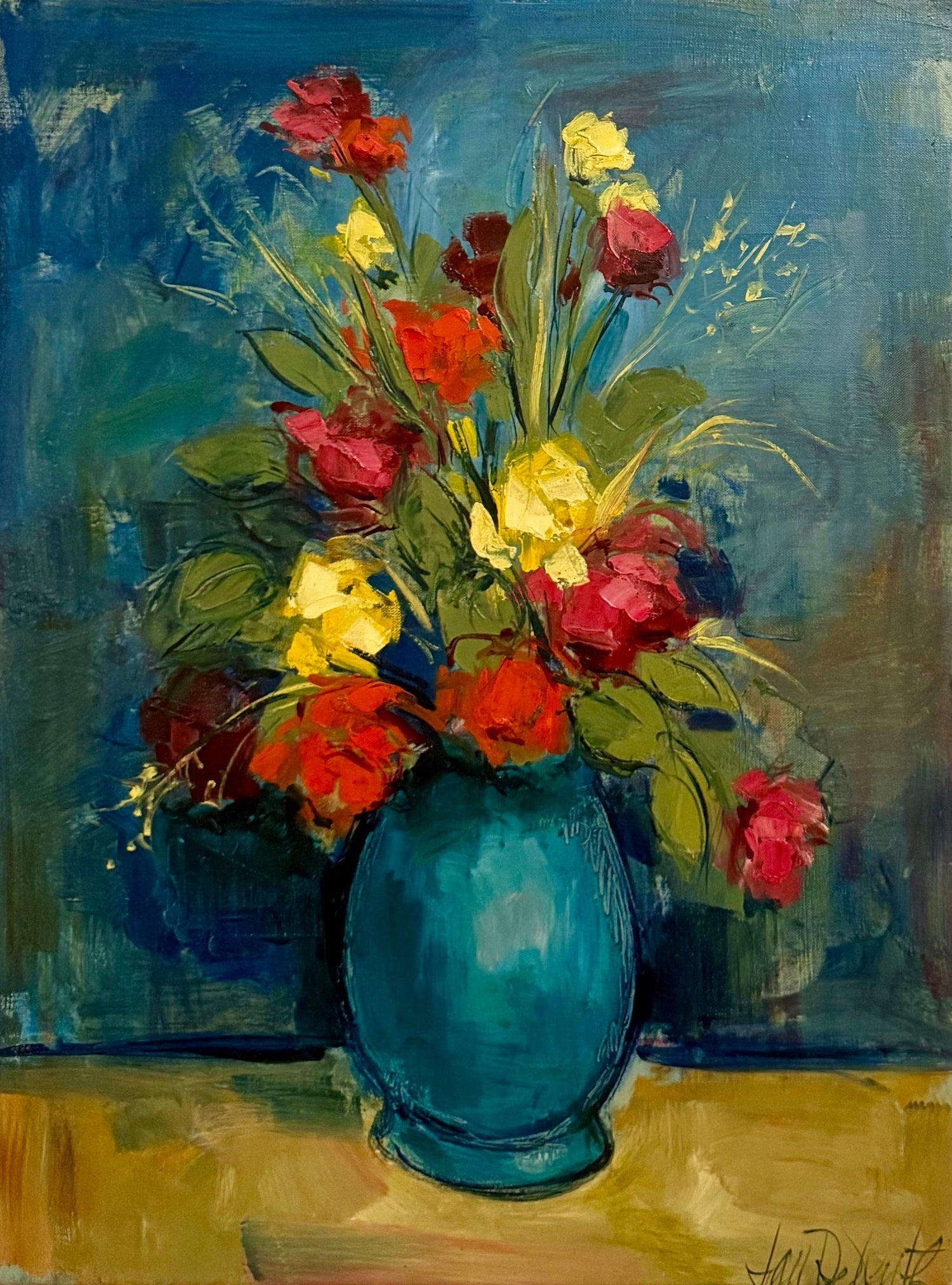 Czech American Floral Oil Painting Jan De Ruth Vibrant Modernist Flowers in Vase