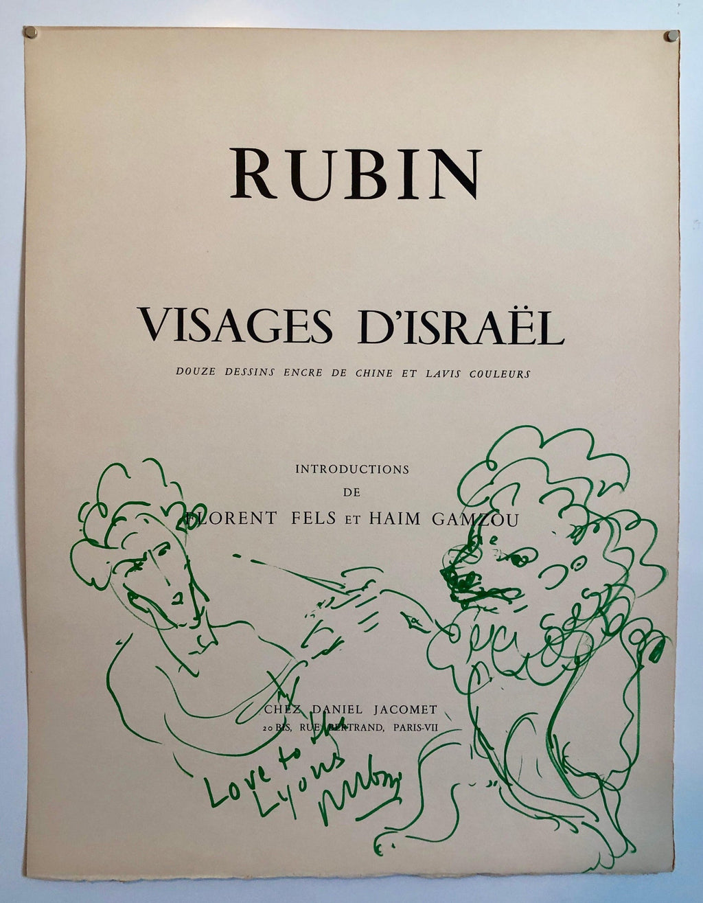 Original Drawing Reuven Rubin Self Portrait with Lion Modern Israeli Art 1960s