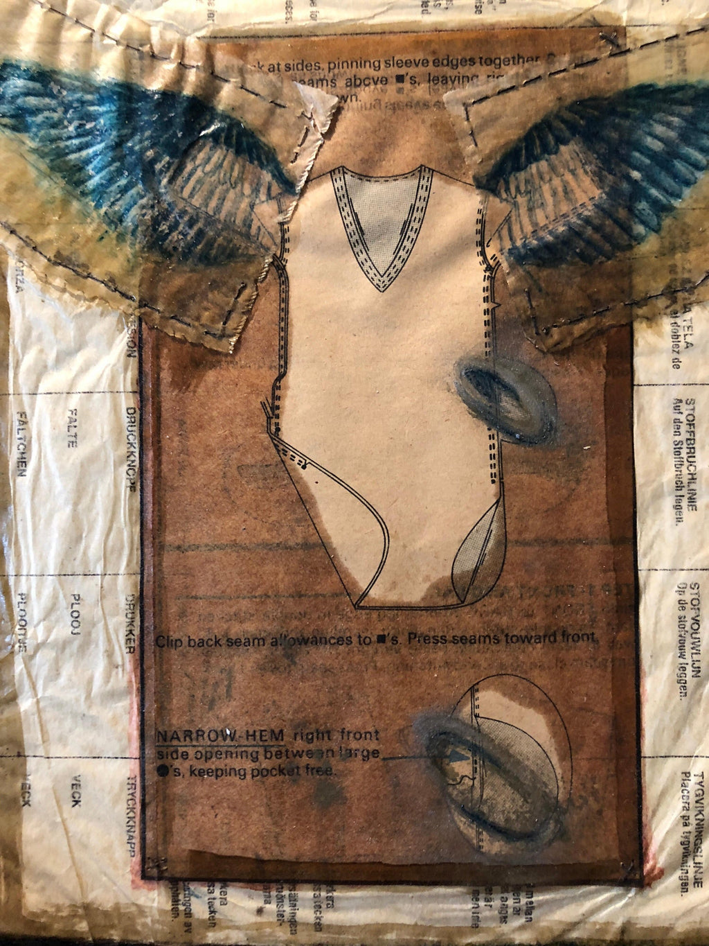 Angel Wings Mixed Media Collage Painting Assemblage Piece Stitched and Sewn