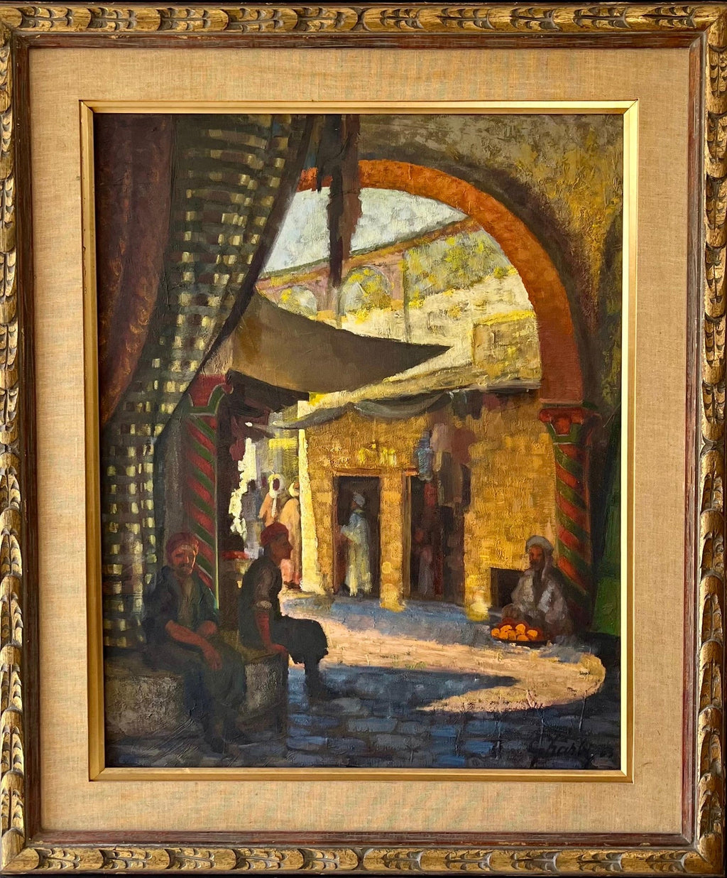 Large Orientalist Arab Oil Painting Merchants at the Bazaar Souq Jalal Gharbi