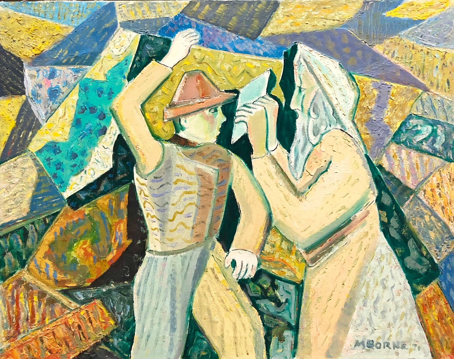 Judaica Modernist Oil Painting 'Know Thyself' Israeli Kibbutz Pioneer, Prophet