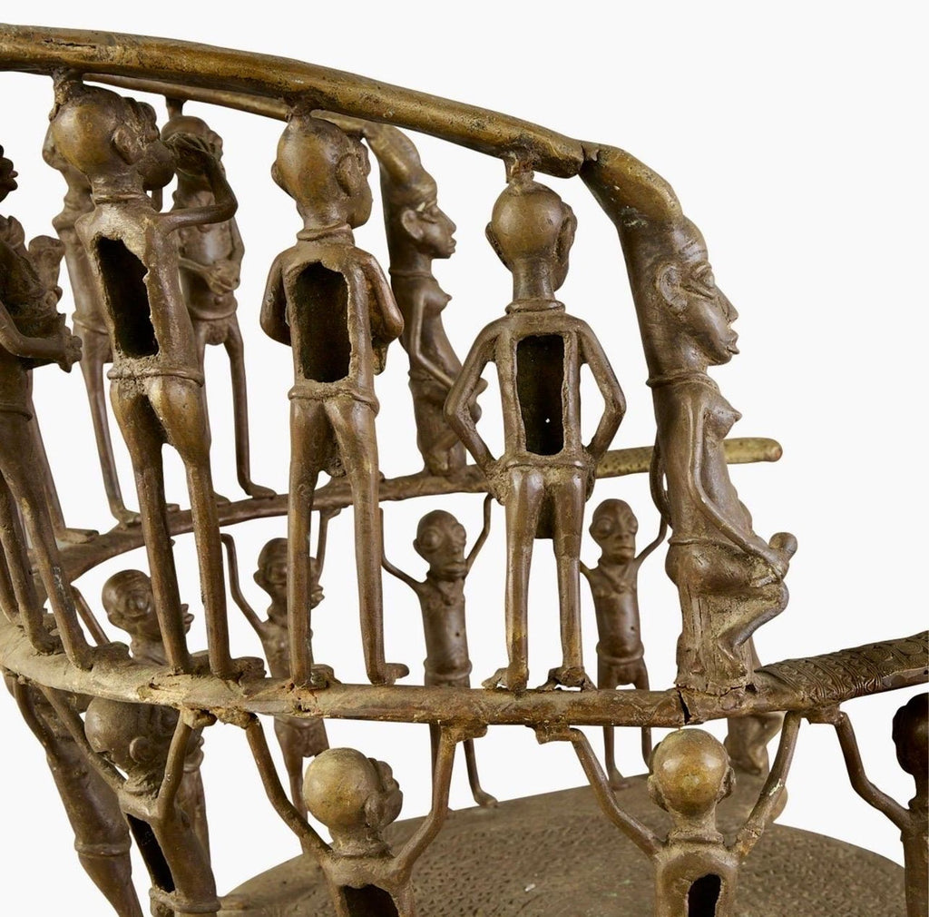 Rare African Solid Benin Bronze Ceremonial Throne Chair Multi Figure Sculpture