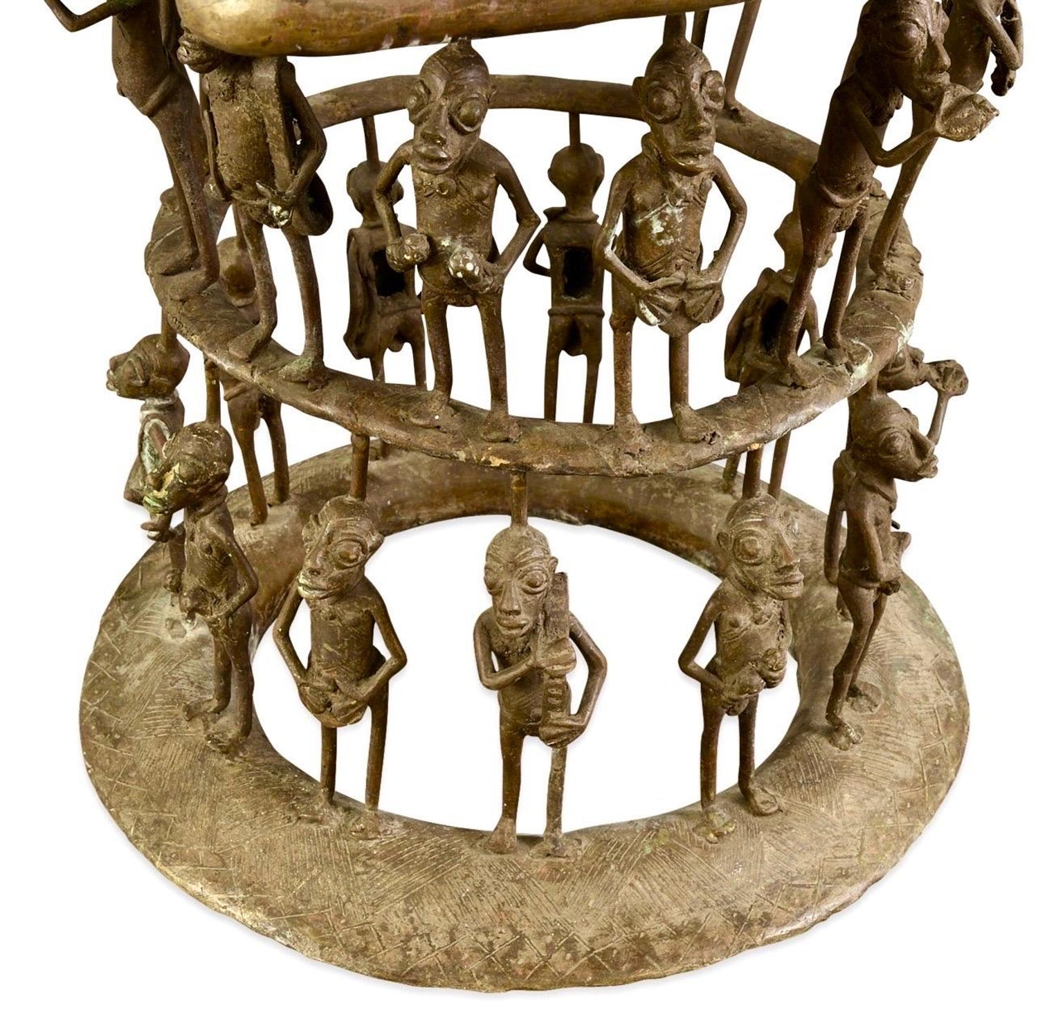 Rare African Solid Benin Bronze Ceremonial Throne Chair Multi Figure Sculpture