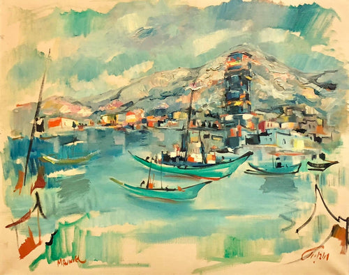 1940s Israeli Modernist Oil Painting Marine Harbor Landscape Bezalel School