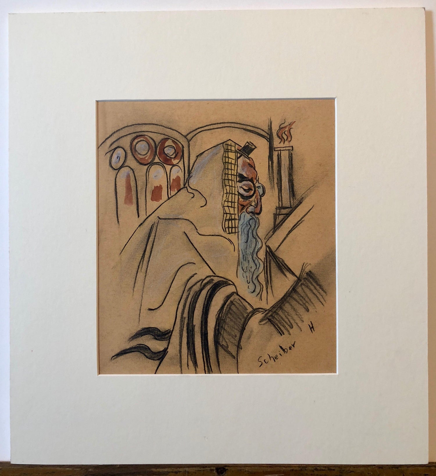 Rare Modernist Hungarian Rabbi Pastel Drawing Gouache Painting Judaica Art Deco