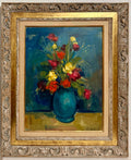 Czech American Floral Oil Painting Jan De Ruth Vibrant Modernist Flowers in Vase