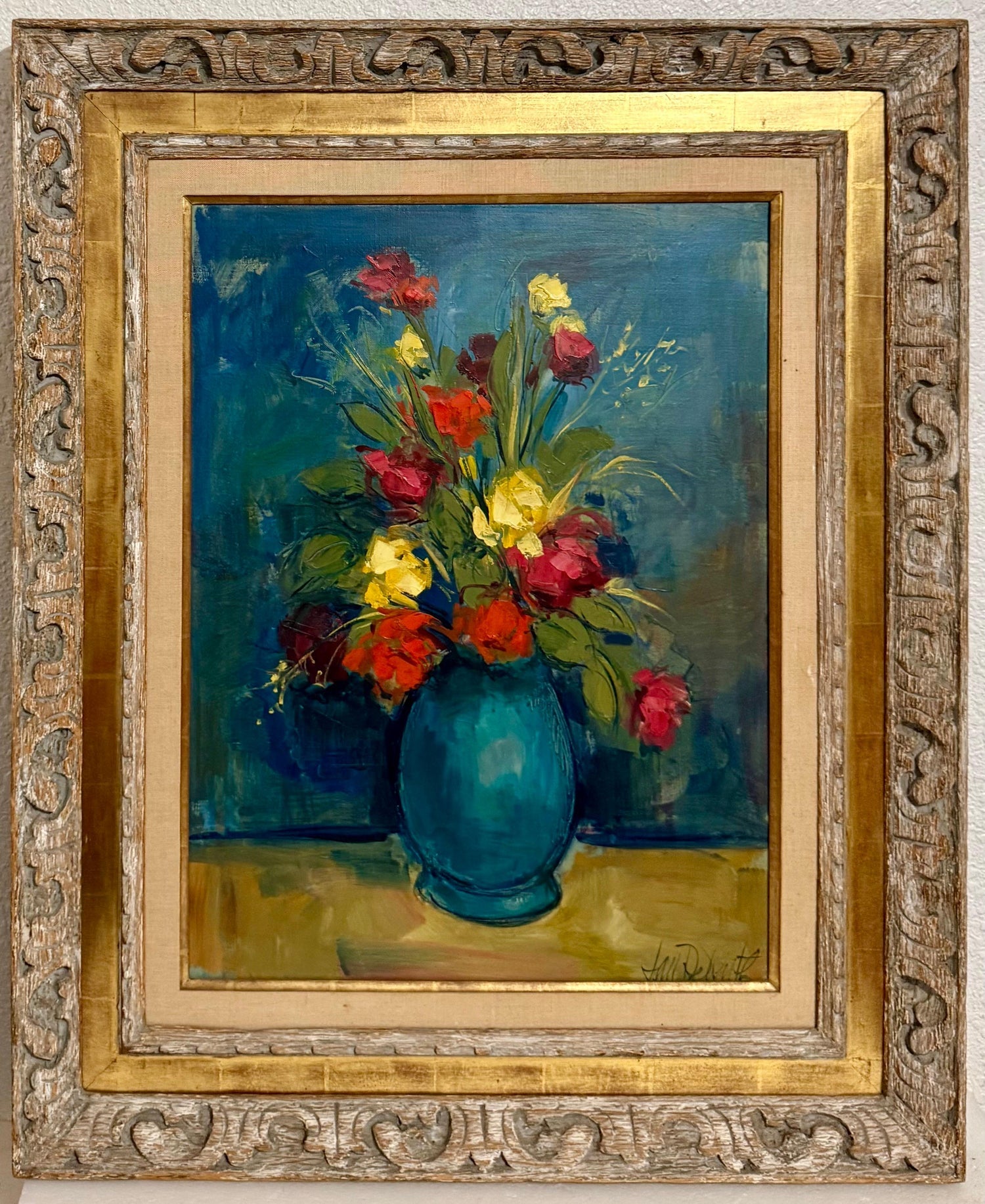 Czech American Floral Oil Painting Jan De Ruth Vibrant Modernist Flowers in Vase