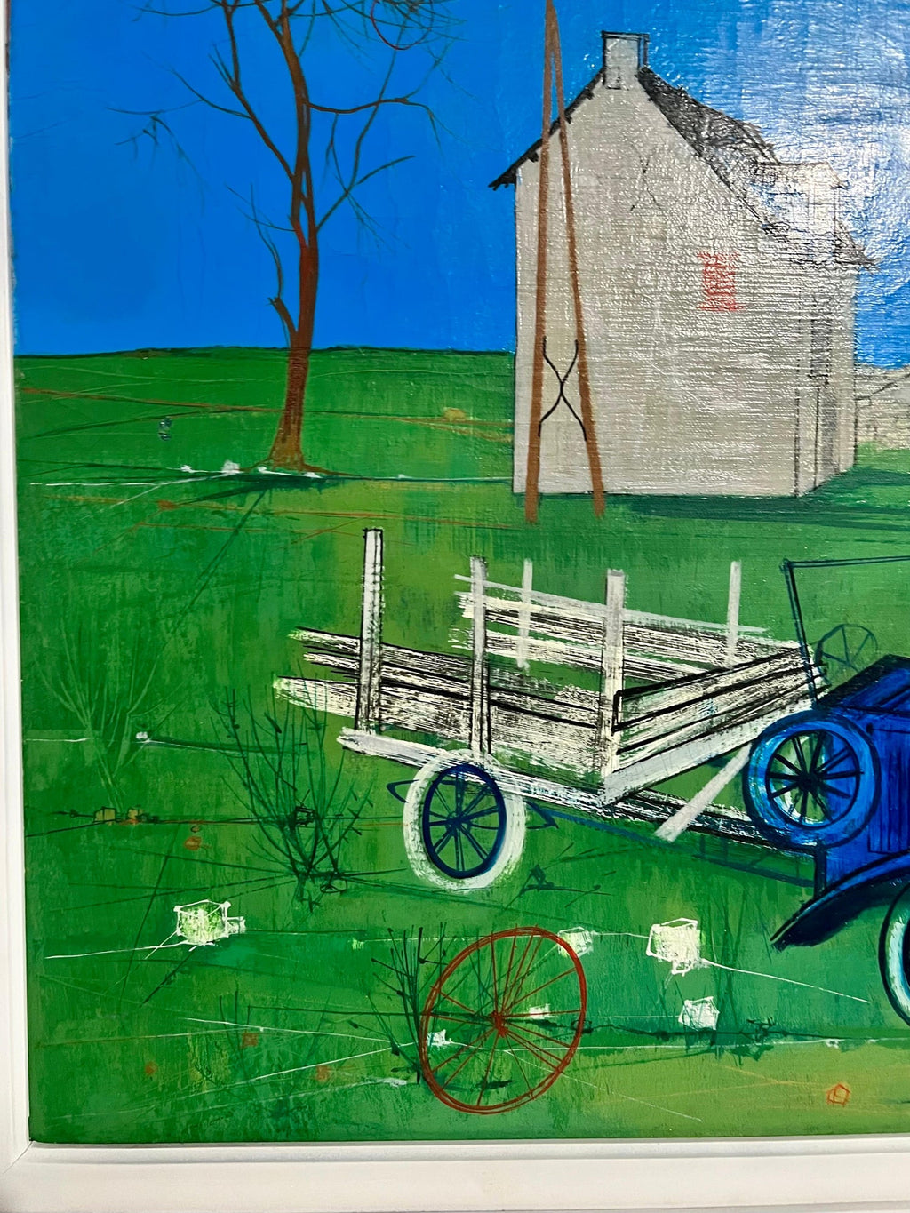 1950's Mid Century French Modernism Abandoned Fiat Automobile Art  Oil Painting