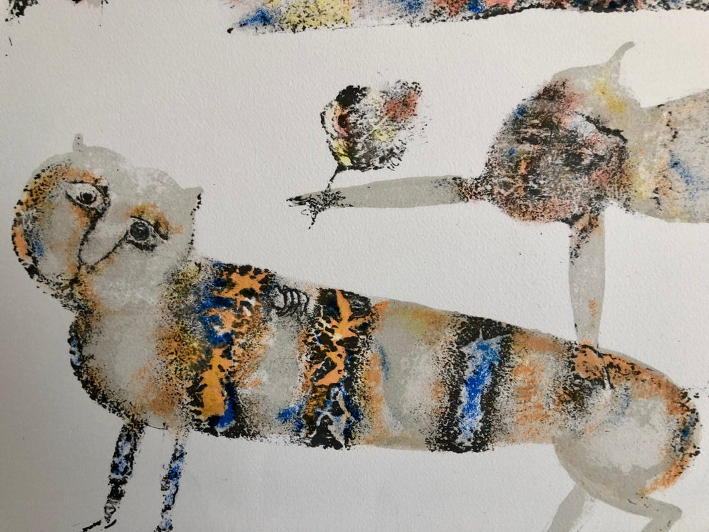 Contemporary Indian Art Master Lithograph in Color Abstract Figures with Cat
