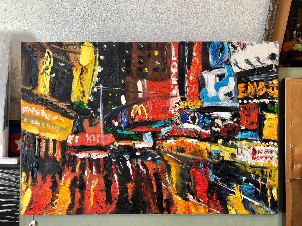 Vibrant New York City Times Square, Figural Abstract Expressionist Oil Painting