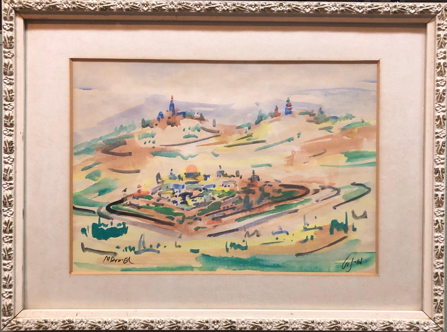 Israeli Modernist Watercolor Painting Jerusalem Landscape Bezalel School Avniel