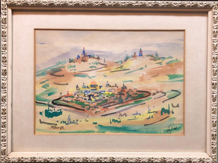 Israeli Modernist Watercolor Painting Jerusalem Landscape Bezalel School Avniel