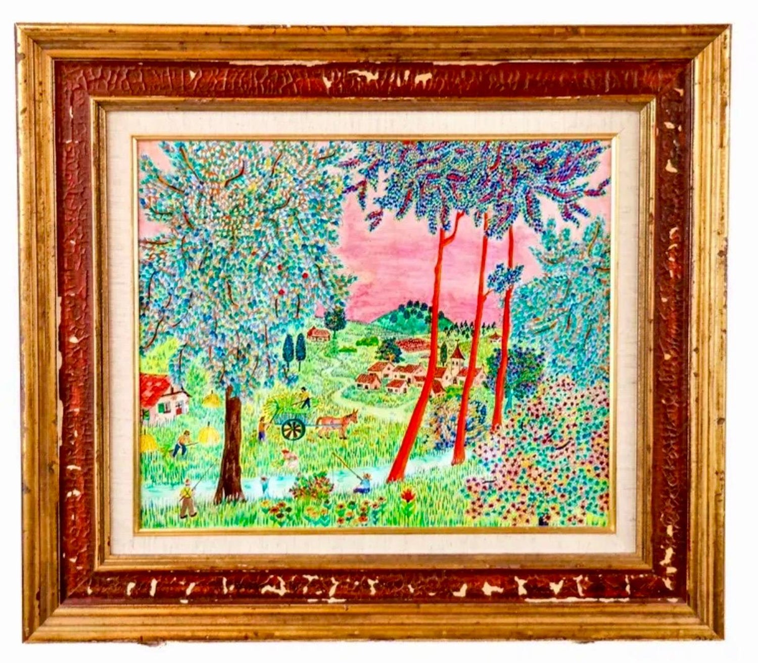 Whimsical French Folk Art, Naive, Oil Painting  Madeline Marie Christine Clavier