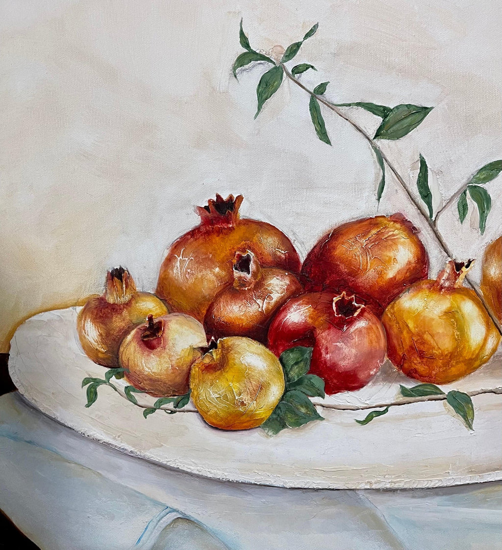 Israeli Folk Art Oil Painting Pomegranates Naive Style Still Life Hedva Yardeni
