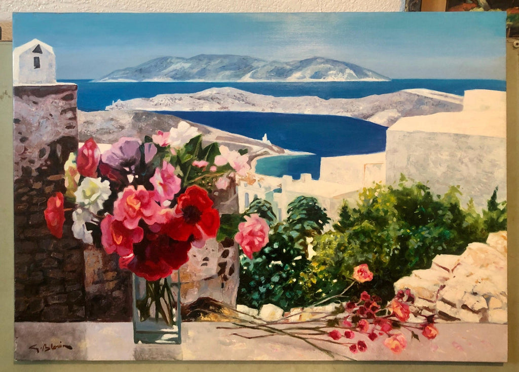 Large Colorful French Oil Painting Greek Island Landscape Flowers George Blouin