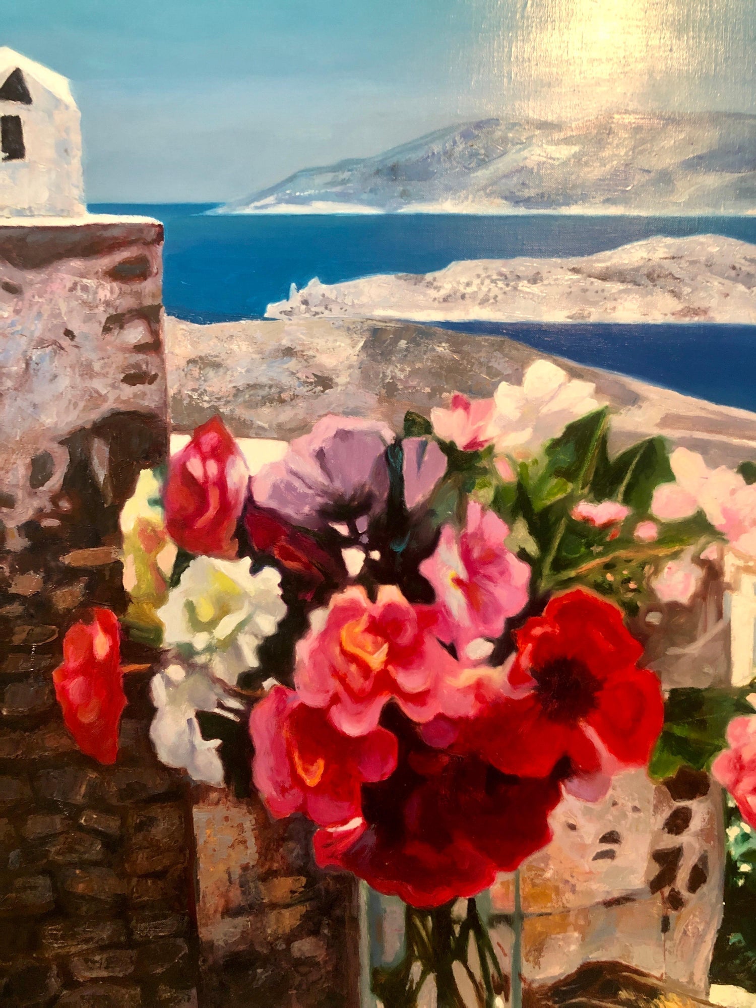 Large Colorful French Oil Painting Greek Island Landscape Flowers George Blouin