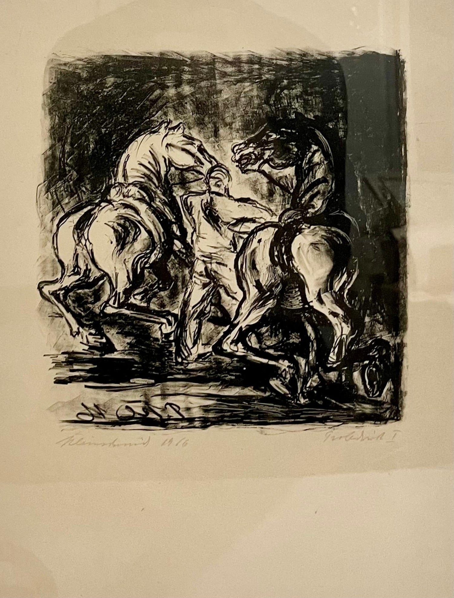 1916 German Expressionism Figurative Lithograph Man Two Horses Paul Kleinschmidt