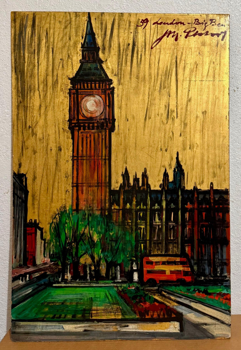 Large London Big Ben Mod Mid Century Architectural Modernist Gold Leaf Painting