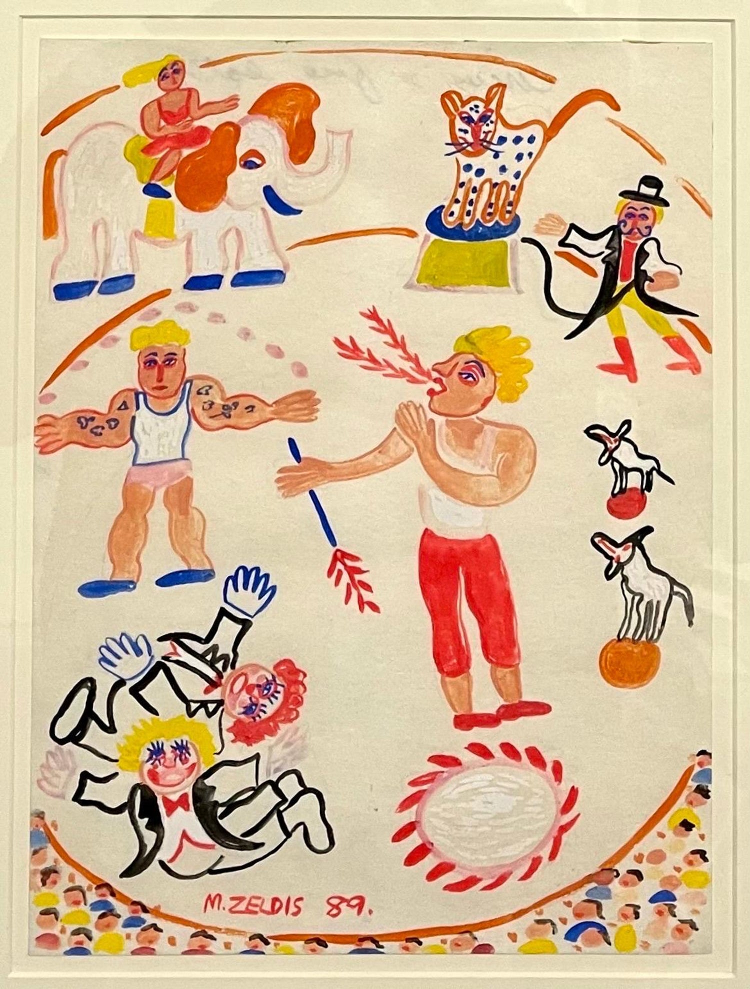 Malcah Zeldis Folk Art Gouache Painting Outsider Artist Circus Fire Eater, Tiger
