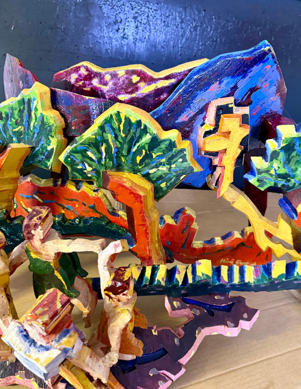 Large 3D Sculpture with Hand Painting Construction Mimi Gross Wood Assemblage