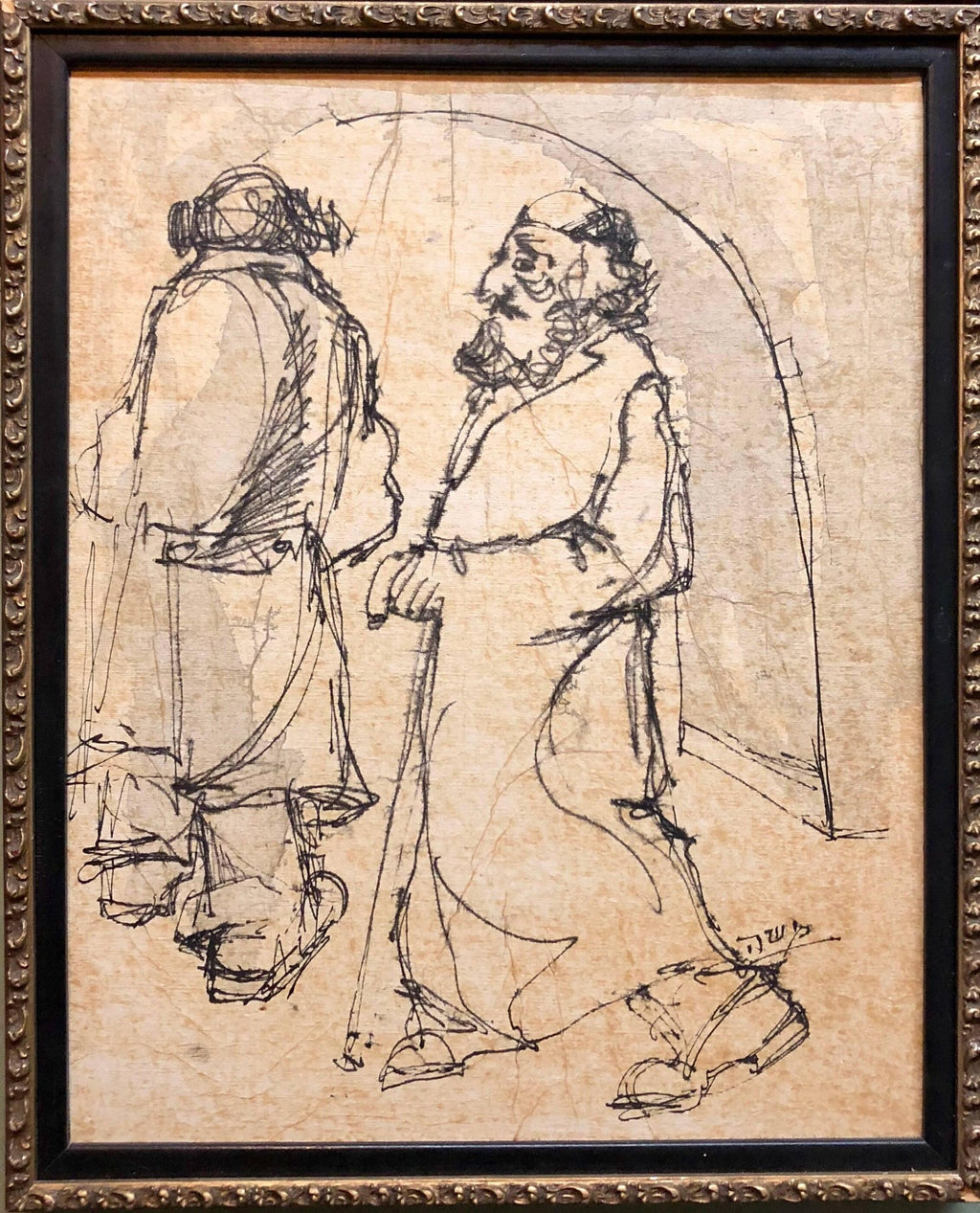 Modernist Israeli Judaica Mixed Media Painting Rabbis Walking In Jerusalem