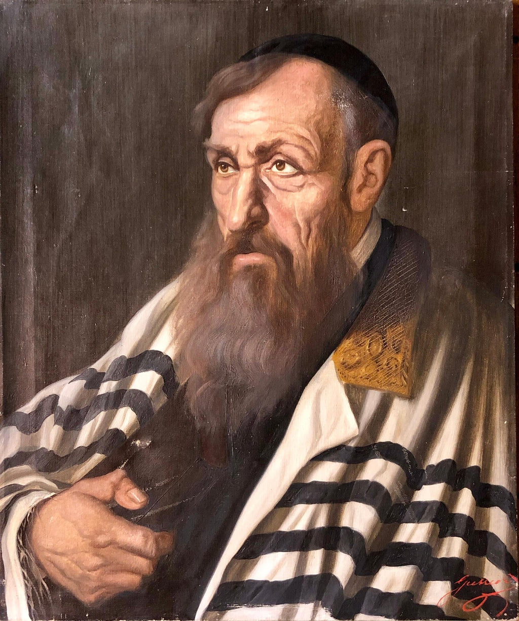 Polish Judaica Portrait of Hasidic Rabbi with Tallit Synagogue Oil Painting