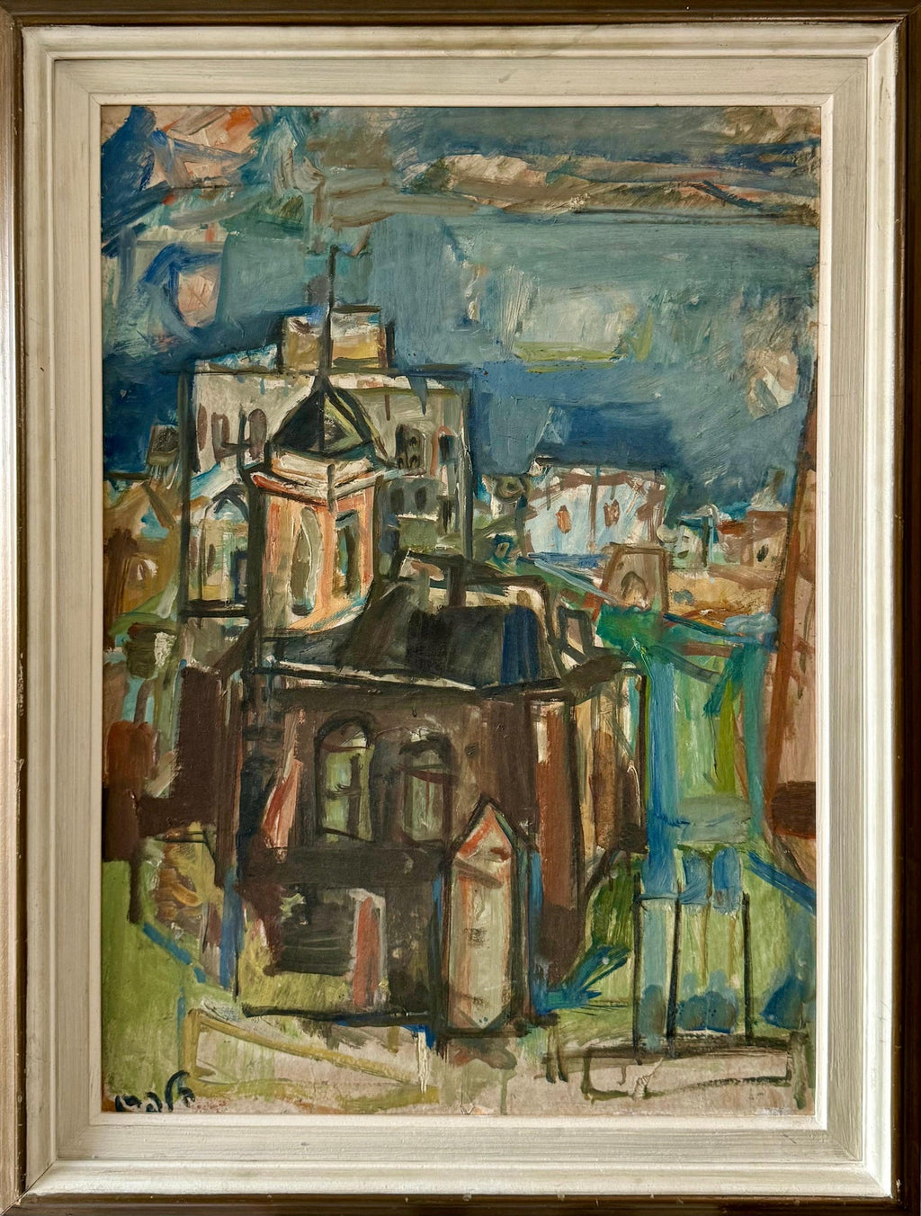 Mid Century Modernist Israeli 'Sabra in Haifa' Landscape Harbor Oil Painting