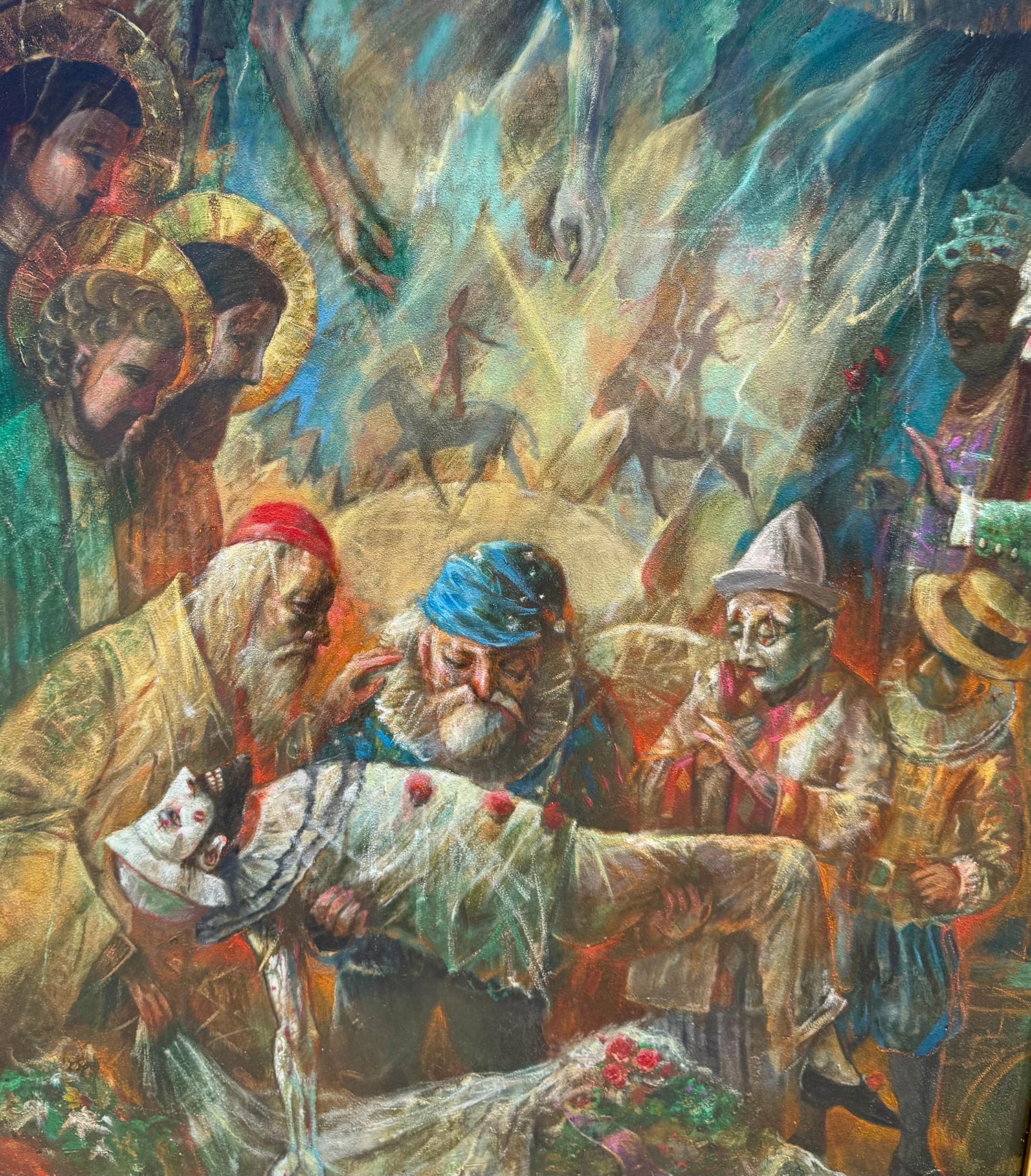 Large Oil Painting Circus Scene Clowns Rediscovered NY Artist Jonah Kinigstein