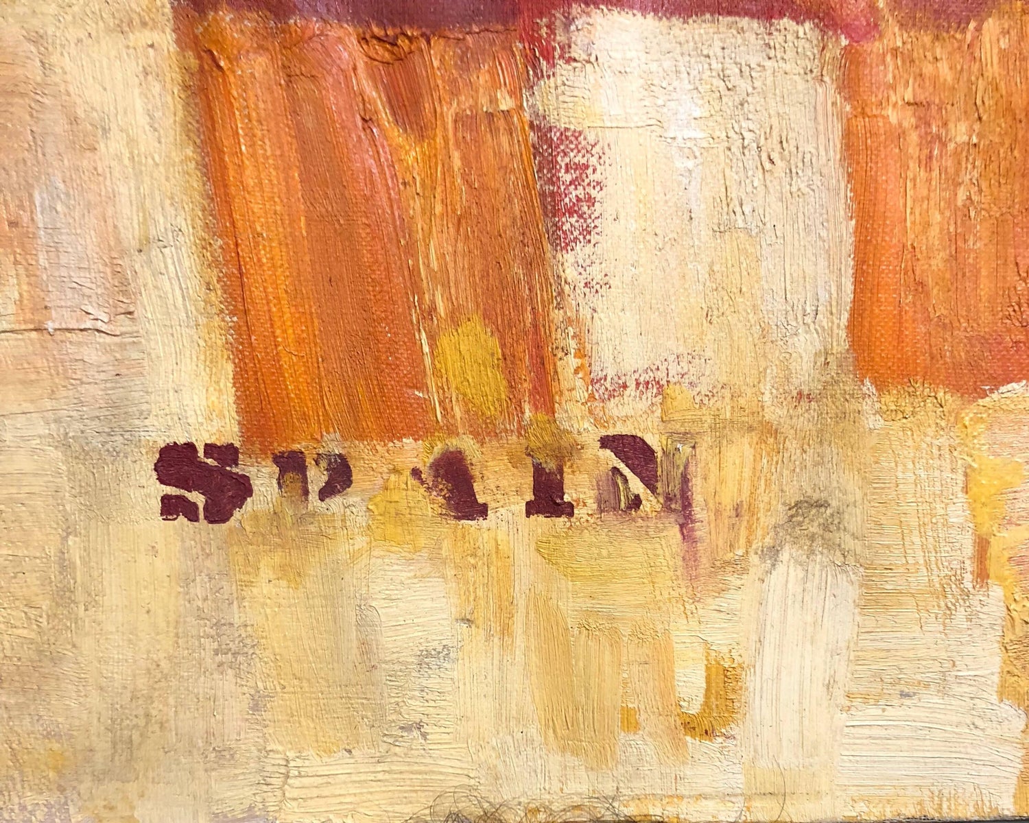 Abstract Orange Squares on Yellow "Spain" Stencilled Letters Mod Oil Painting
