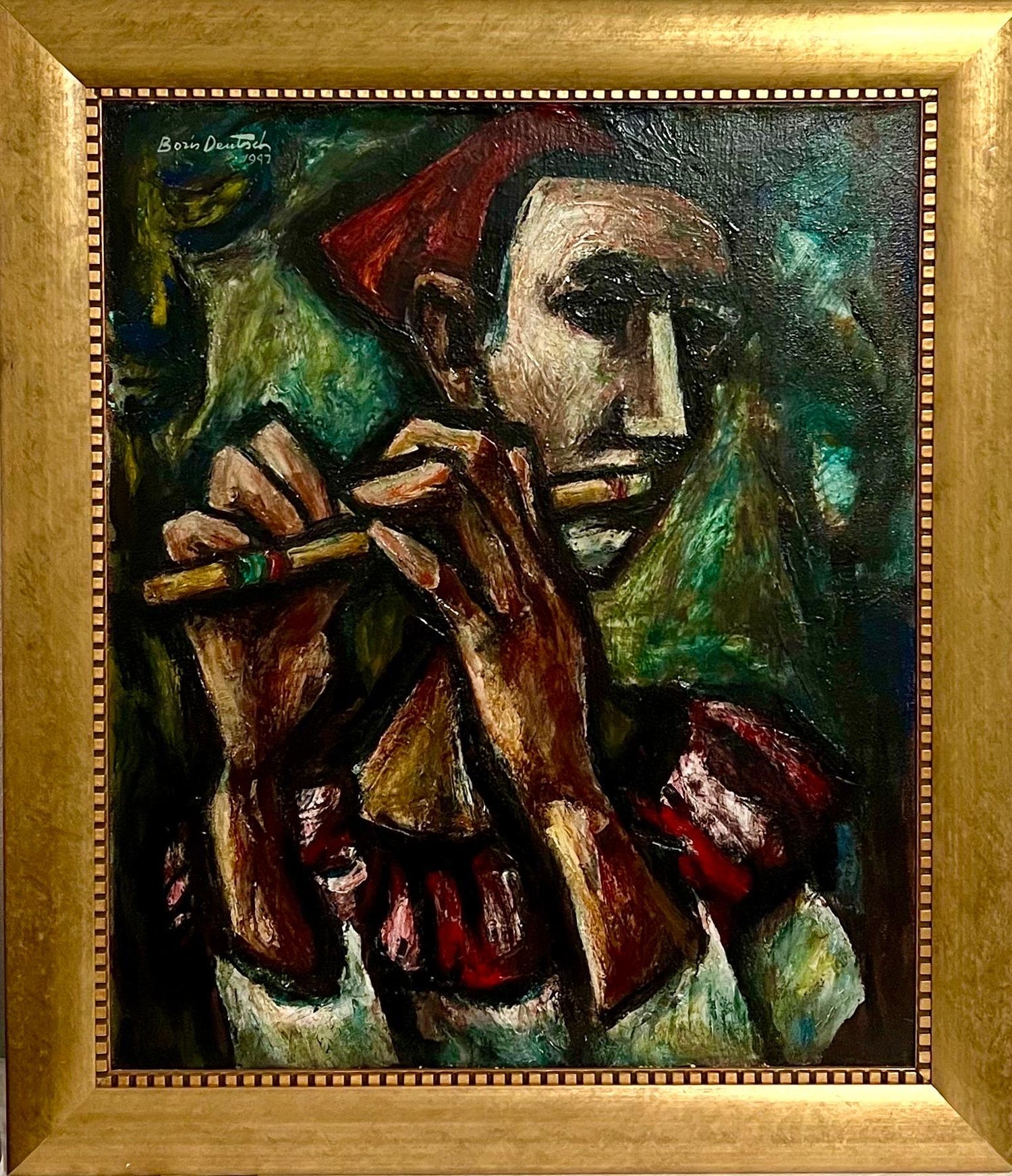 1947 Expressionist Oil Painting Flute Player Musician Boris Deutsch WPA Artist