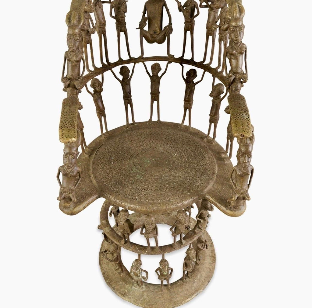 Rare African Solid Benin Bronze Ceremonial Throne Chair Multi Figure Sculpture