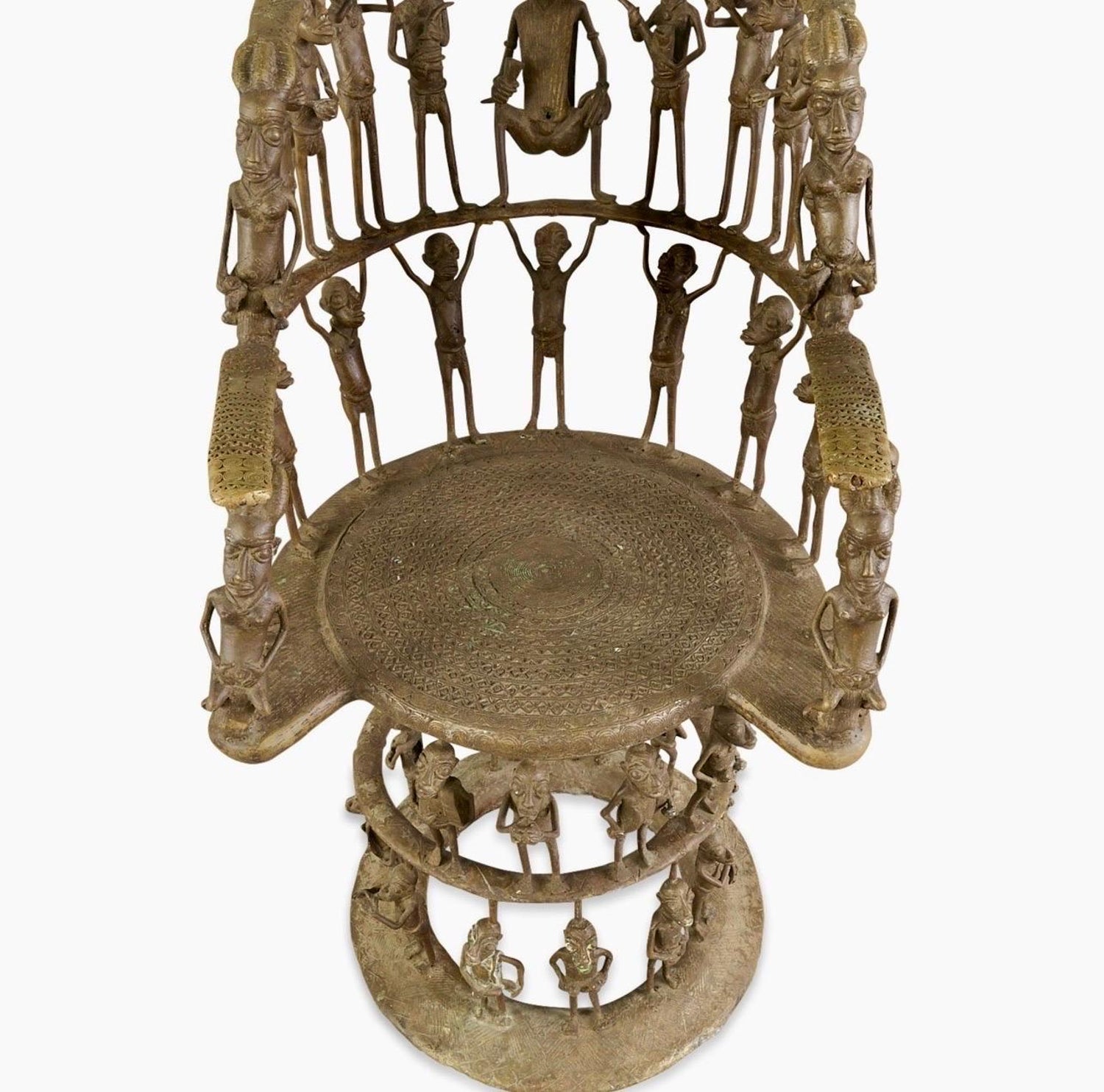 Rare African Solid Benin Bronze Ceremonial Throne Chair Multi Figure Sculpture