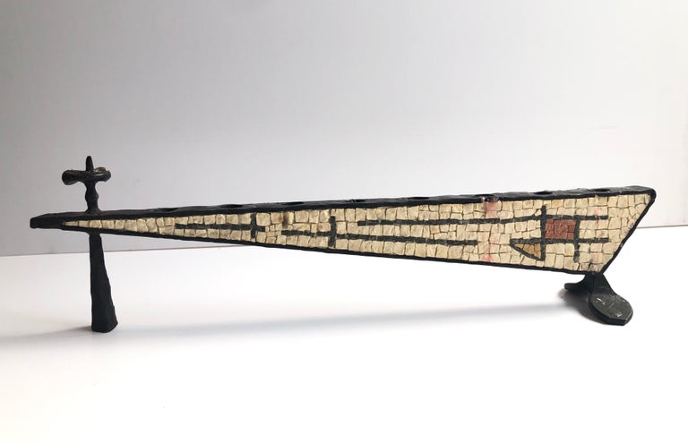 Brutalist Hand Forged Iron Mosaic Sculpture Menorah Israeli David Palombo
