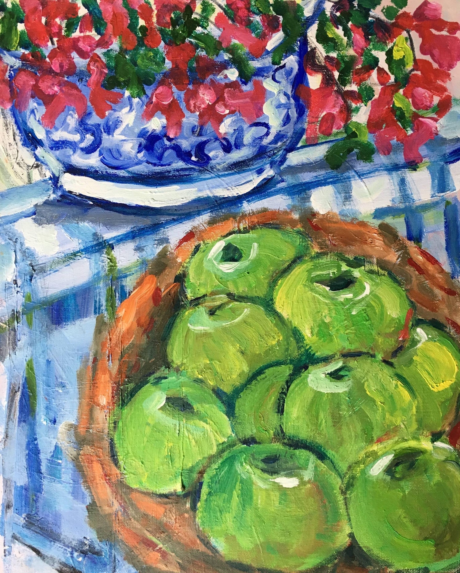 Israeli Folk Art Oil Painting Pomegranates Naive Style Still Life Hedva Yardeni