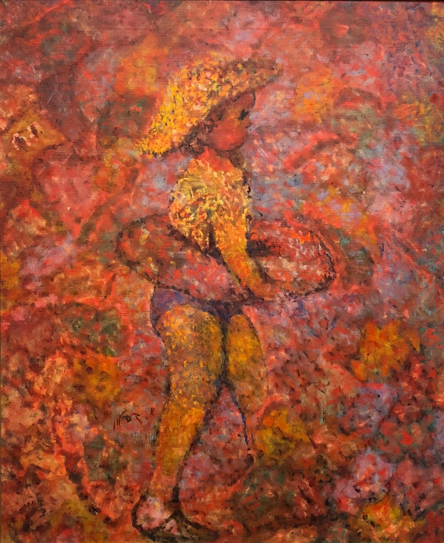Israeli KIbbutz Artist Toddler, Swim Tube Pointilist Oil Painting Bezalel School