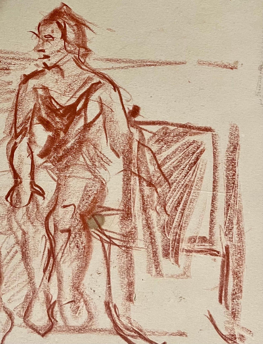Modernist Conte Crayon Drawing Beach Scene David Burliuk Russian Futurist