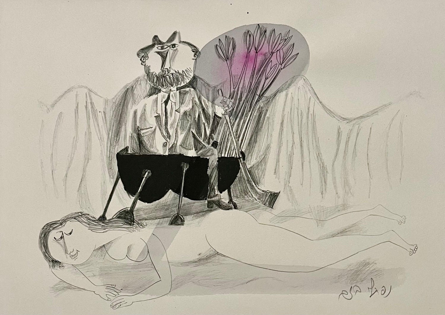 Original Drawing Reuven Rubin Self Portrait with Lion Modern Israeli Art 1960s