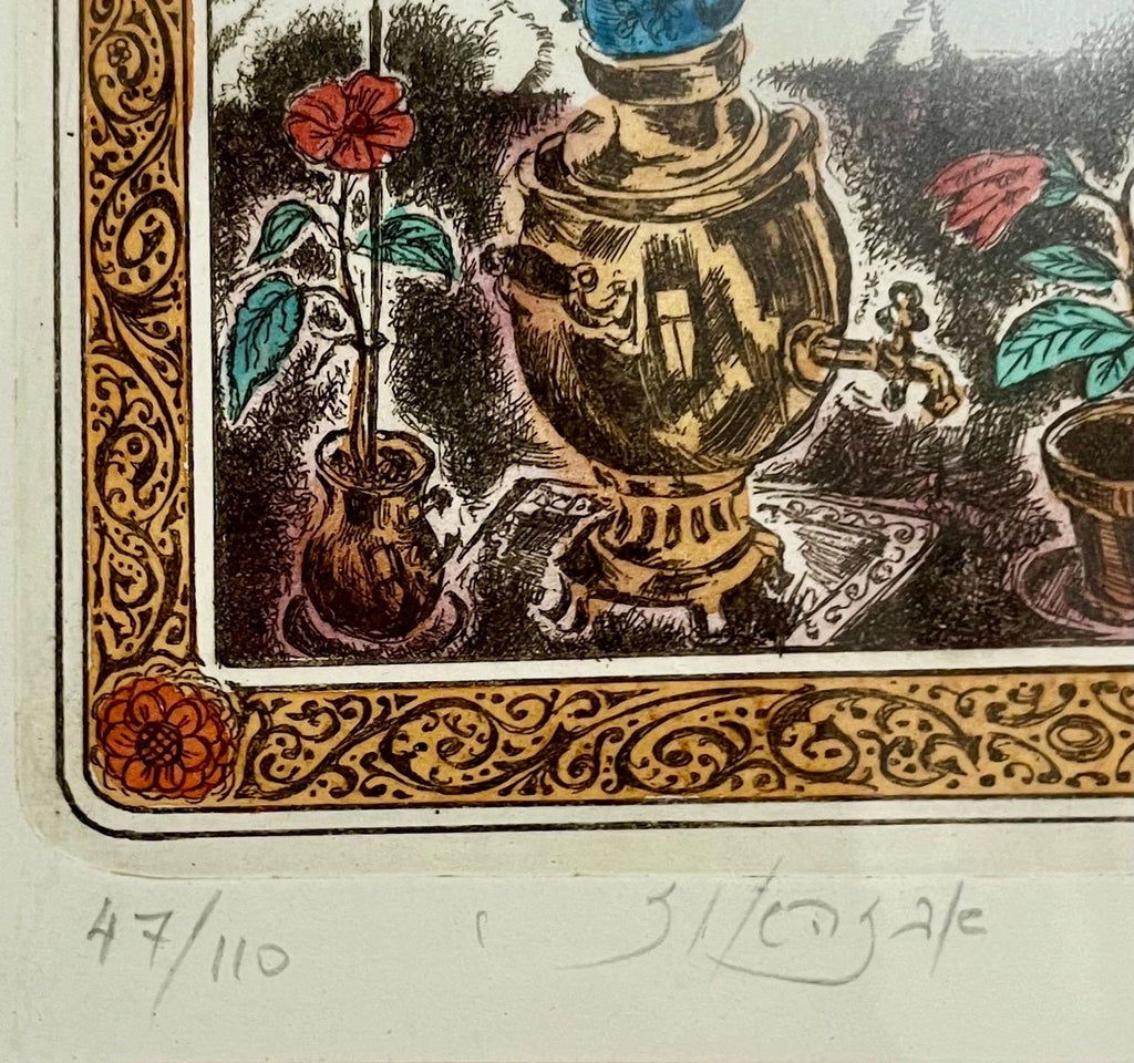 Jewish Shtetl Shabbat Candles Russian Judaica Etching w Hand Watercolor Painting