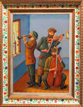Three Klezmer Musicians Modern Judaica Shtetl Oil Painting WPA Jewish artist