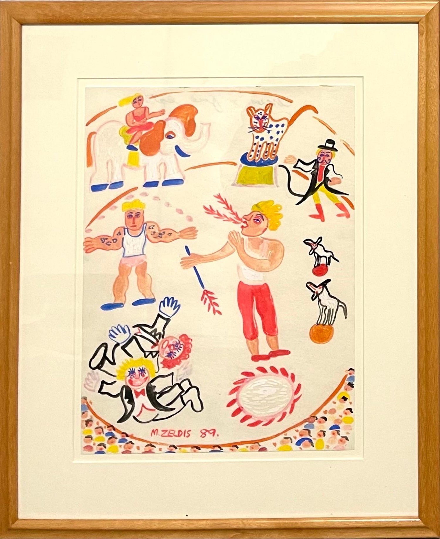Malcah Zeldis Folk Art Gouache Painting Outsider Circus Trapeze Horse Acrobats