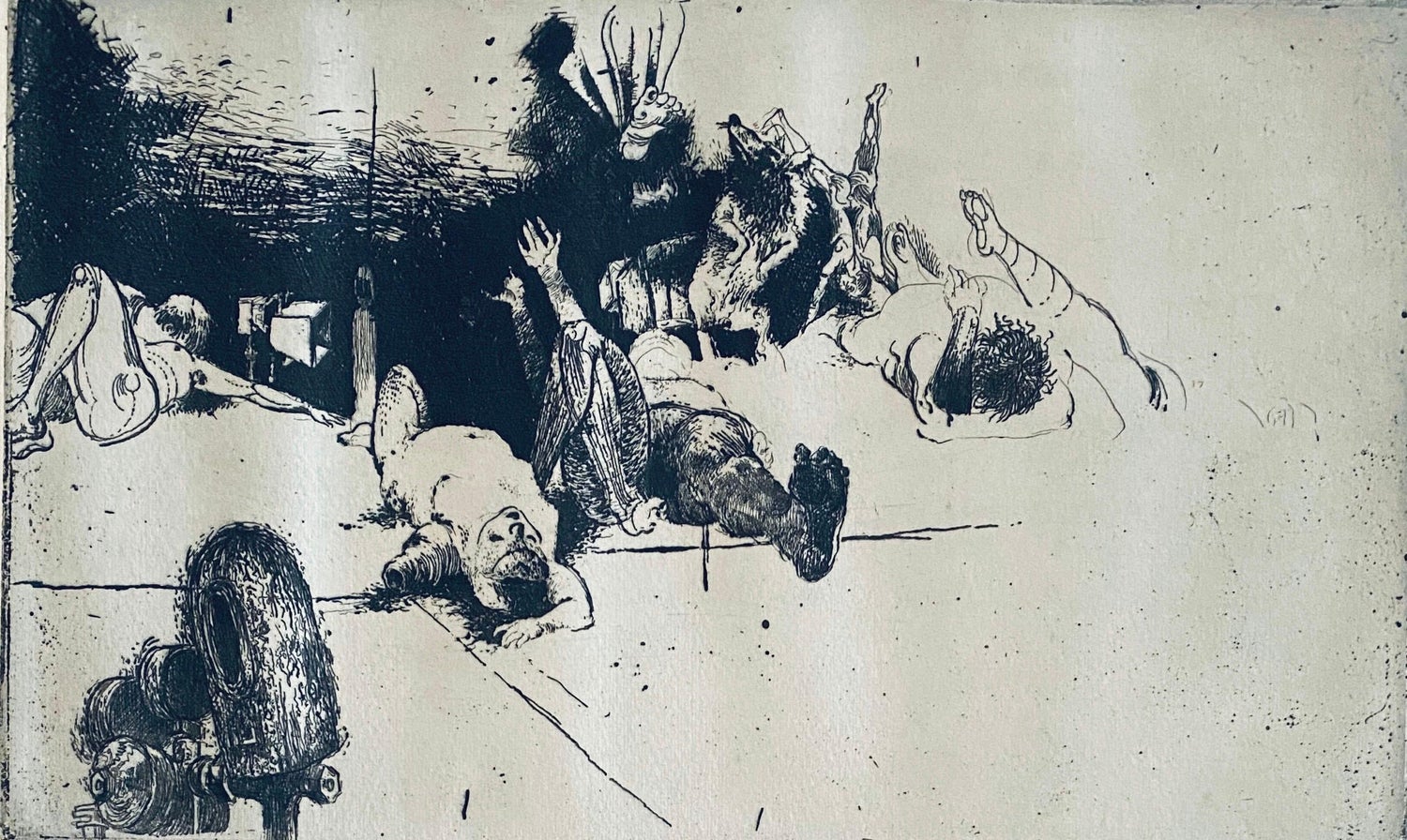 Interior View Dogs Running By Table Abstract Modernist Etching, Robert Birmelin