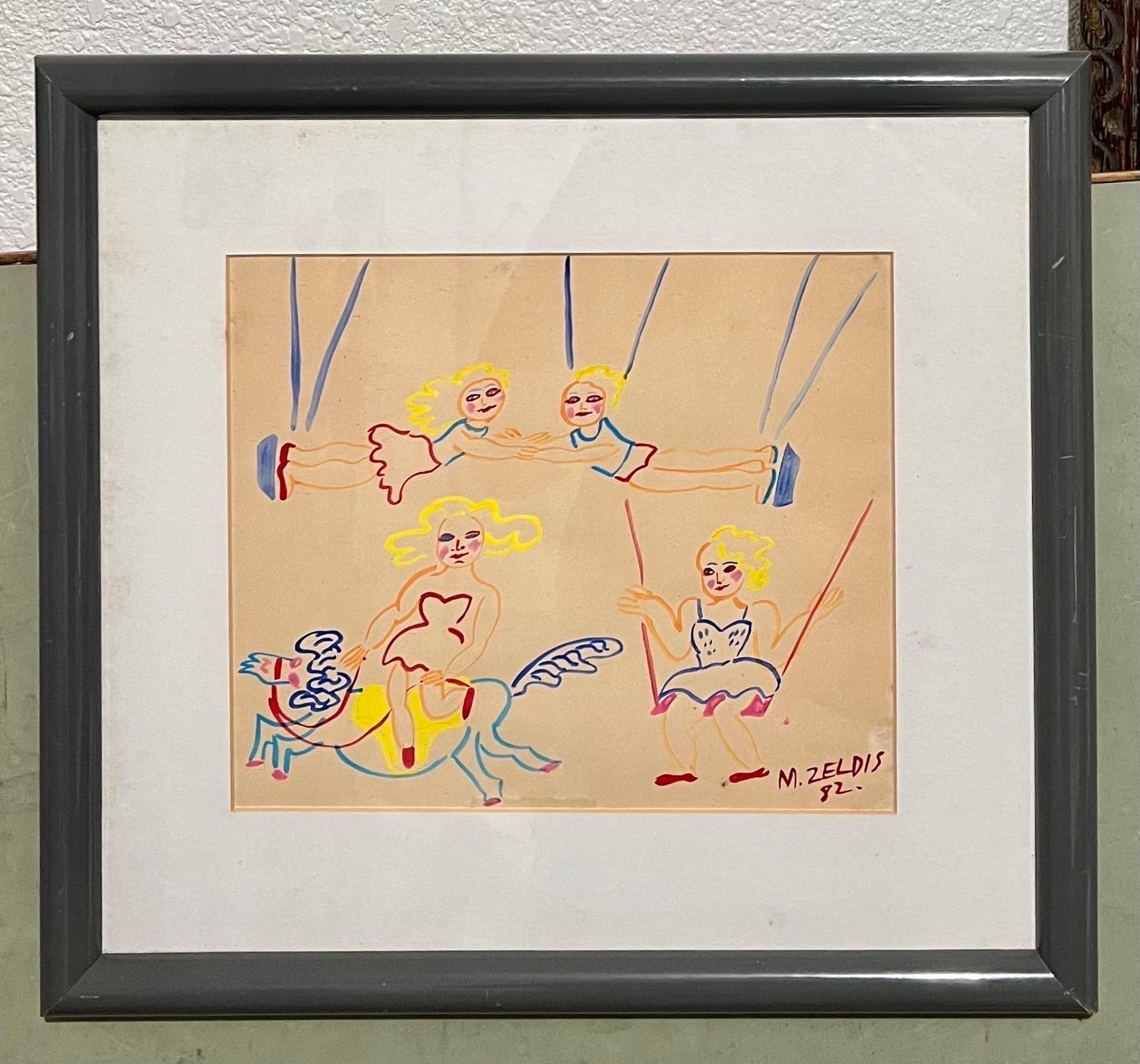 Malcah Zeldis Folk Art Gouache Painting Outsider Circus Trapeze Horse Acrobats