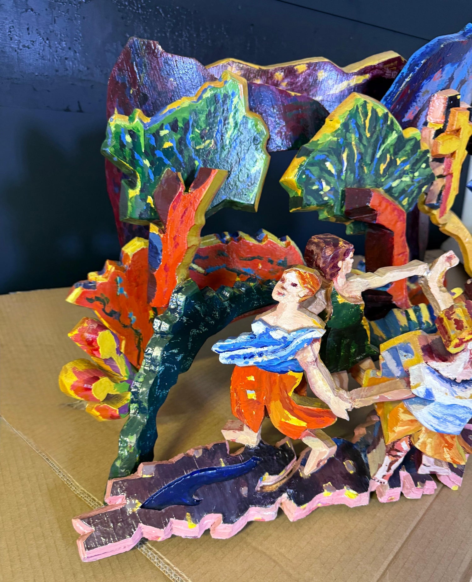 Large 3D Sculpture with Hand Painting Construction Mimi Gross Wood Assemblage