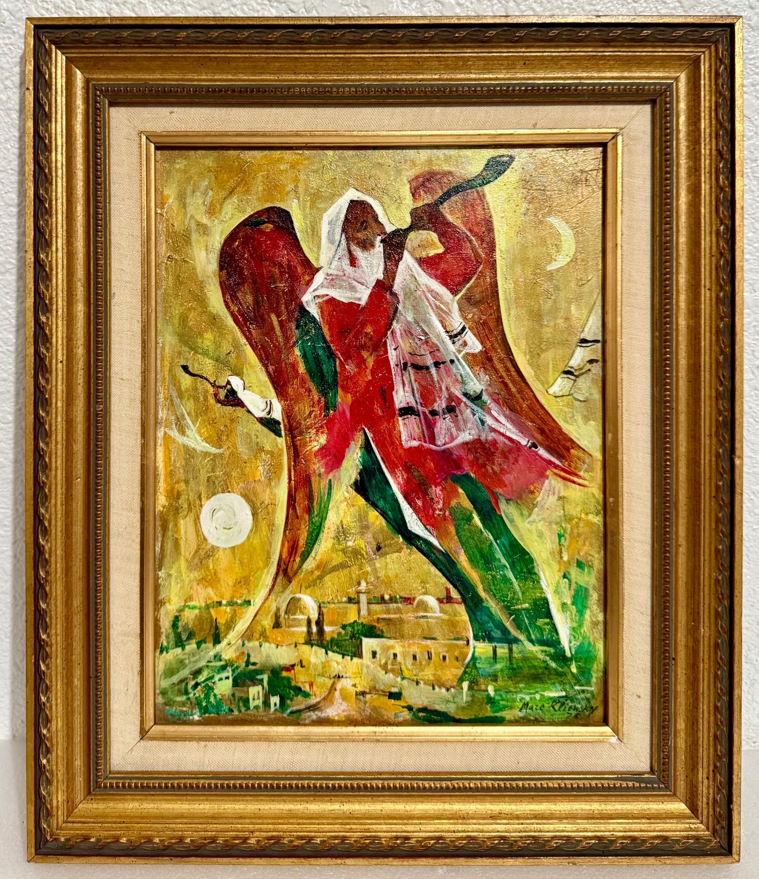 Post Soviet Russian Jewish Oil Painting Marc Klionsky Jerusalem Angel & Shofar