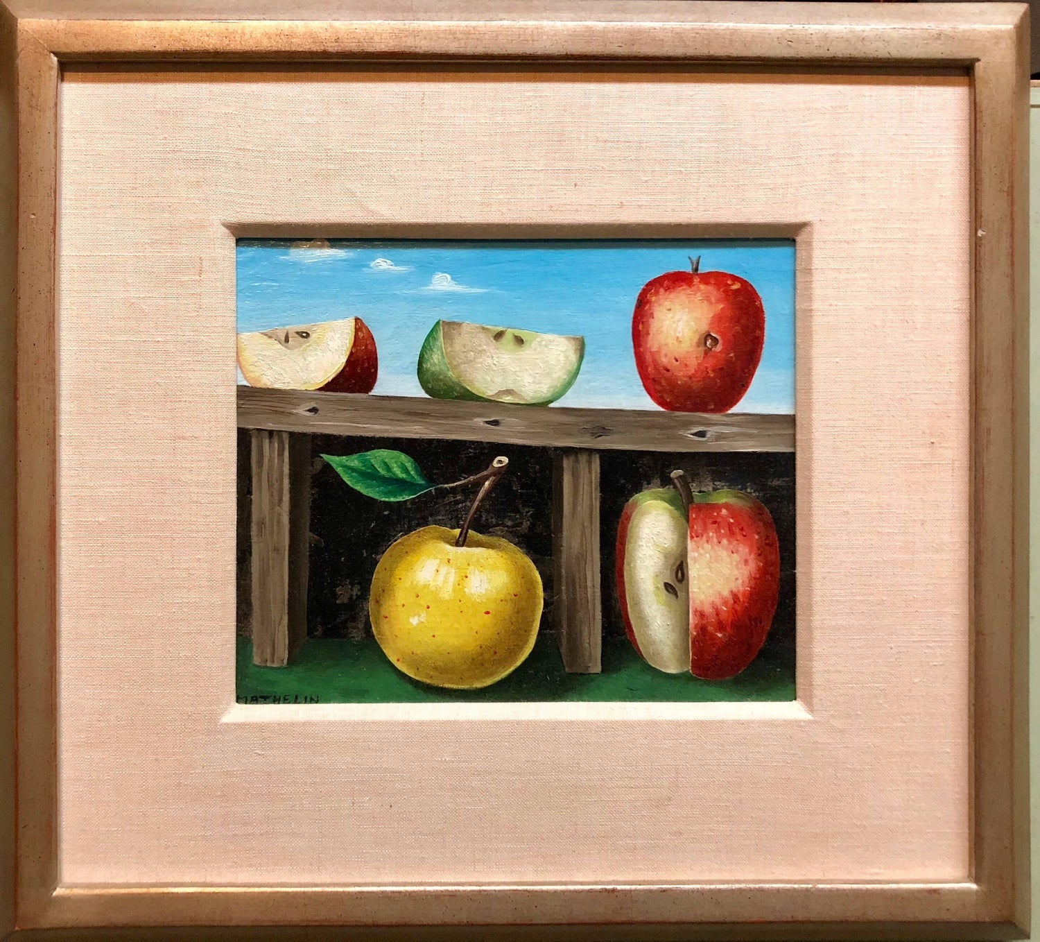 French Surrealist Trompe L'oeil Apples OIl Painting