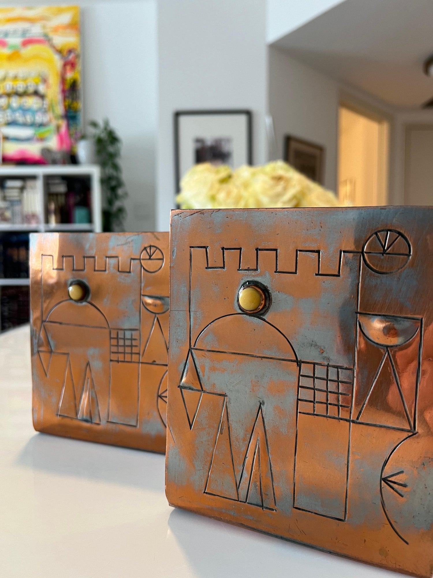 Israeli Mod Arts & Crafts Copper Sculpture Bookends Bezalel Schatz Yaad Studio