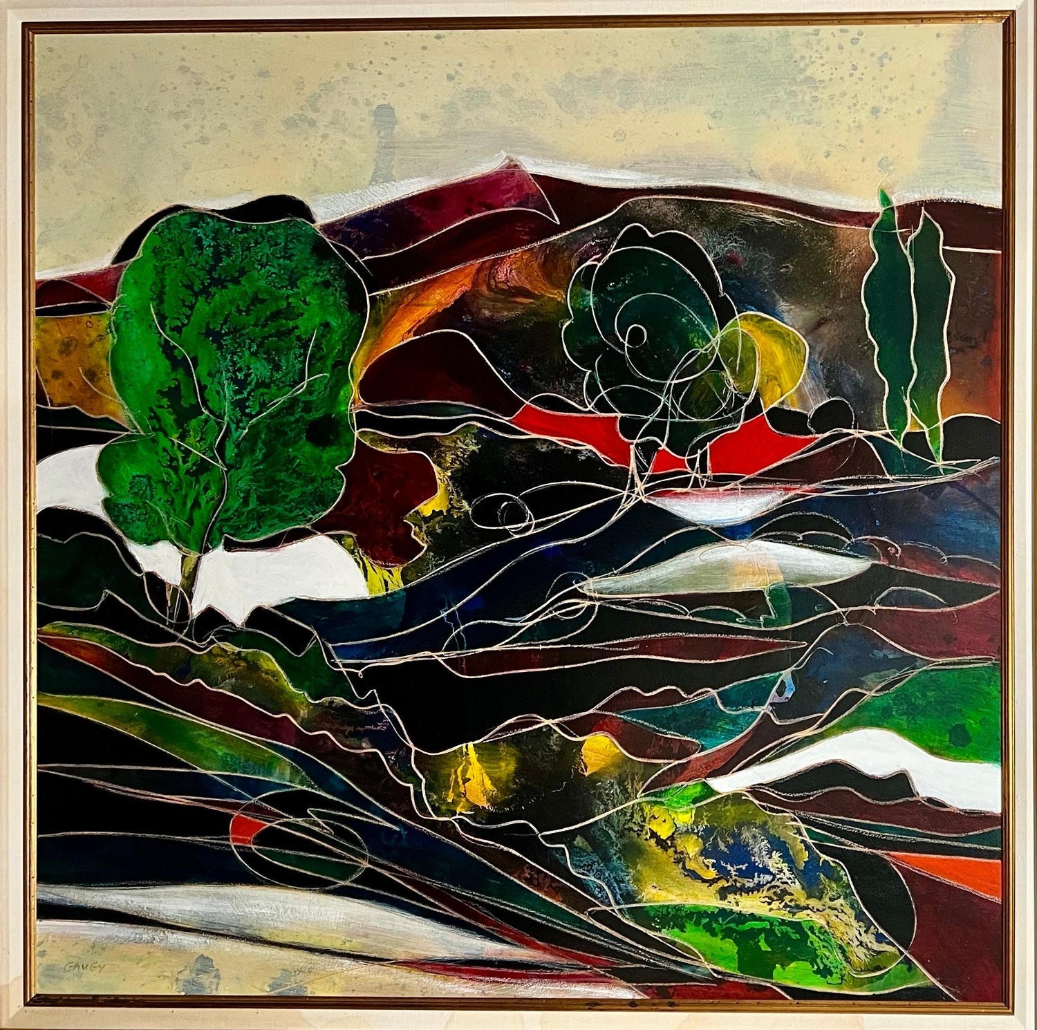 Large Expressionist Oil Painting Hand Carved Wood Panel Jean Claude Gaugy