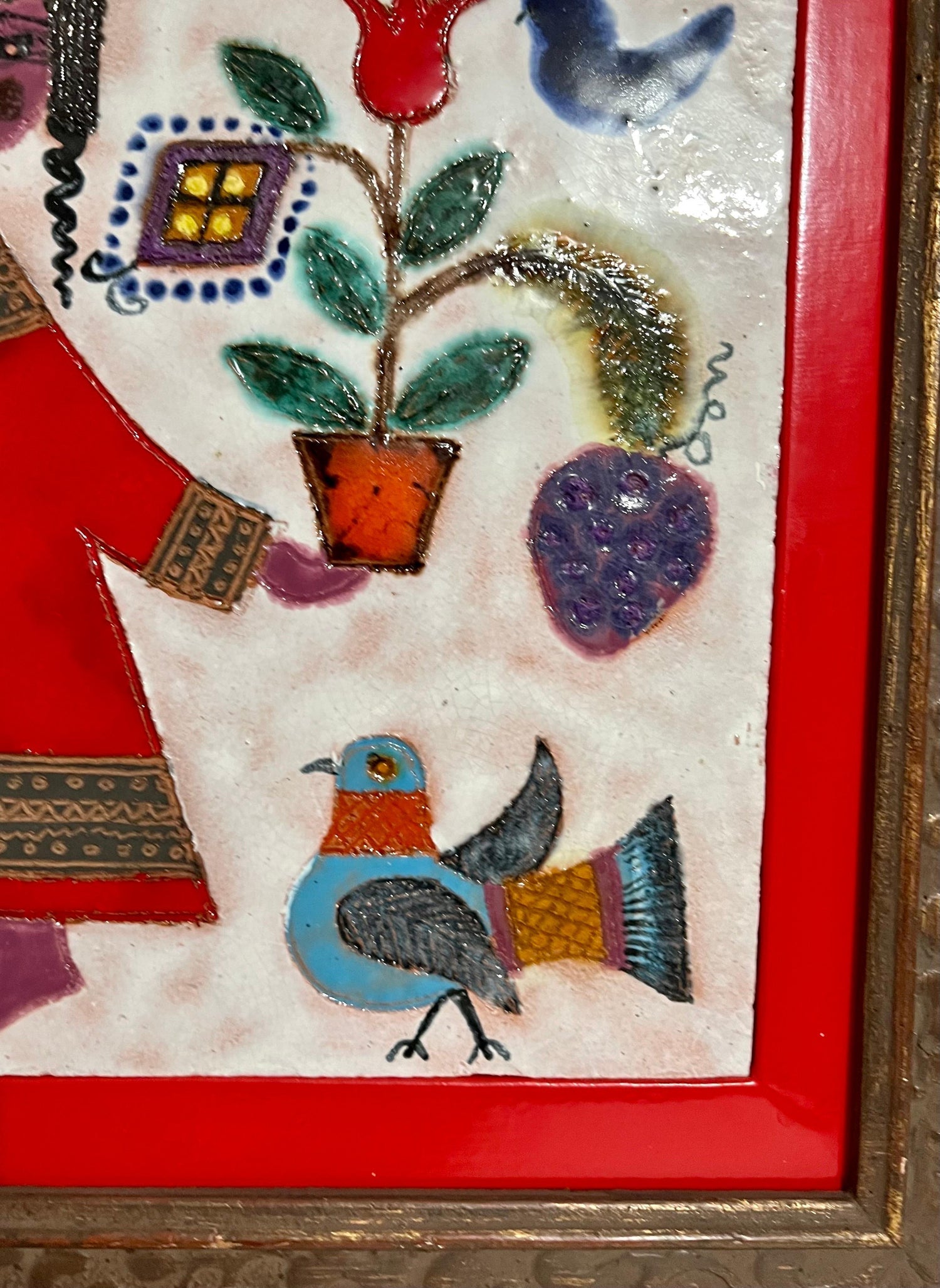 Girl & Plants Enamel Glazed Ceramic Plaque Israeli Artist Awret Naive Folk Art