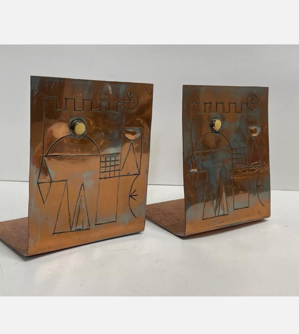 Israeli Mod Arts & Crafts Copper Sculpture Bookends Bezalel Schatz Yaad Studio
